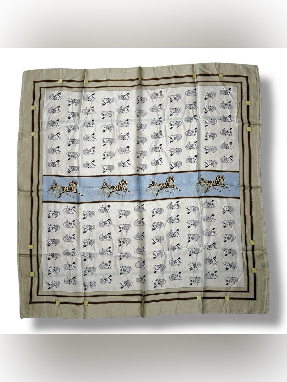 Classic Equestrian Print 27” x 27” Scarf in Cream and Light Blue